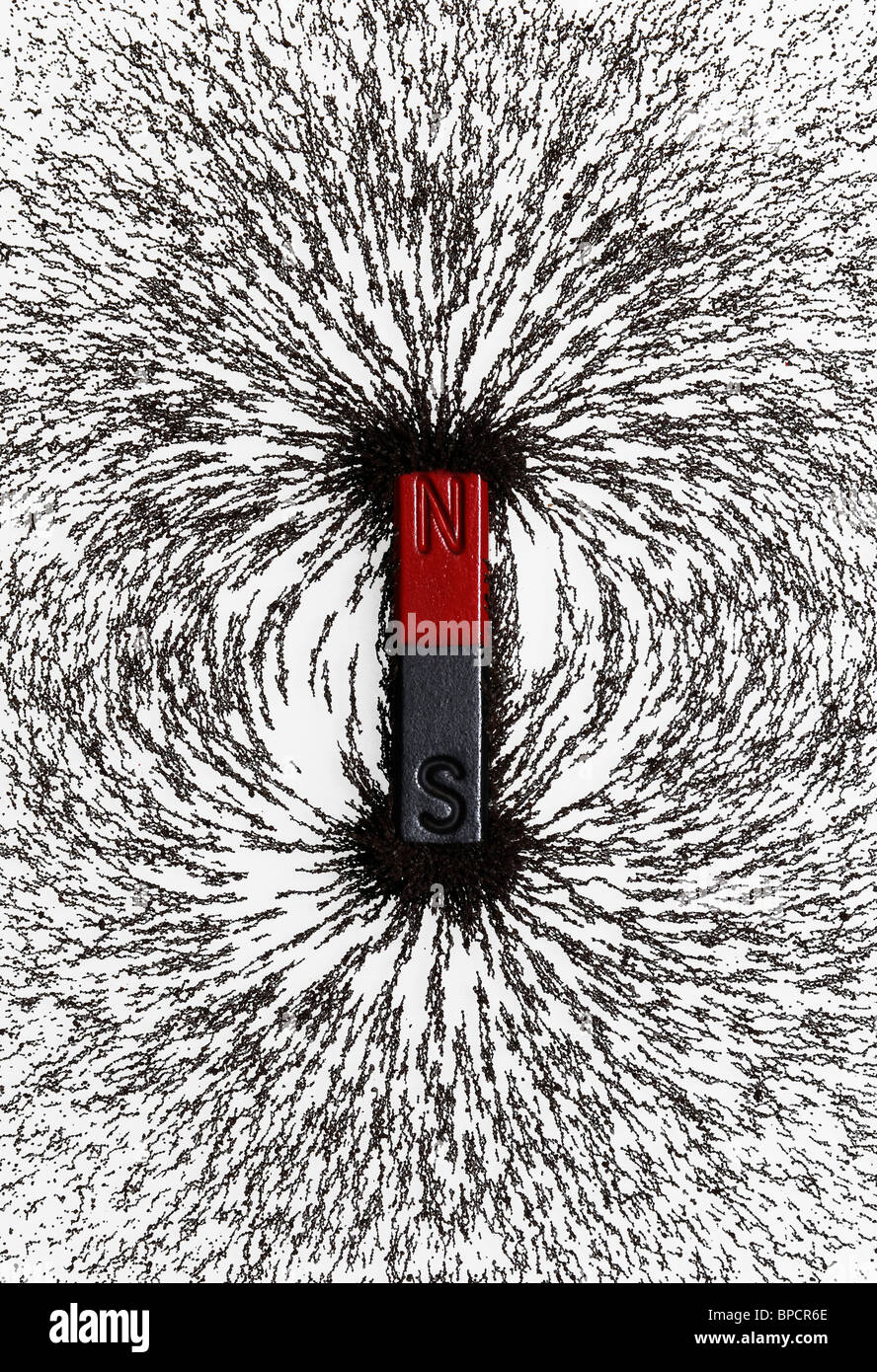 Magnet mit Eisenspänen zeigt Linien der konvergierenden Magnetfeld an den Polen Stockfoto