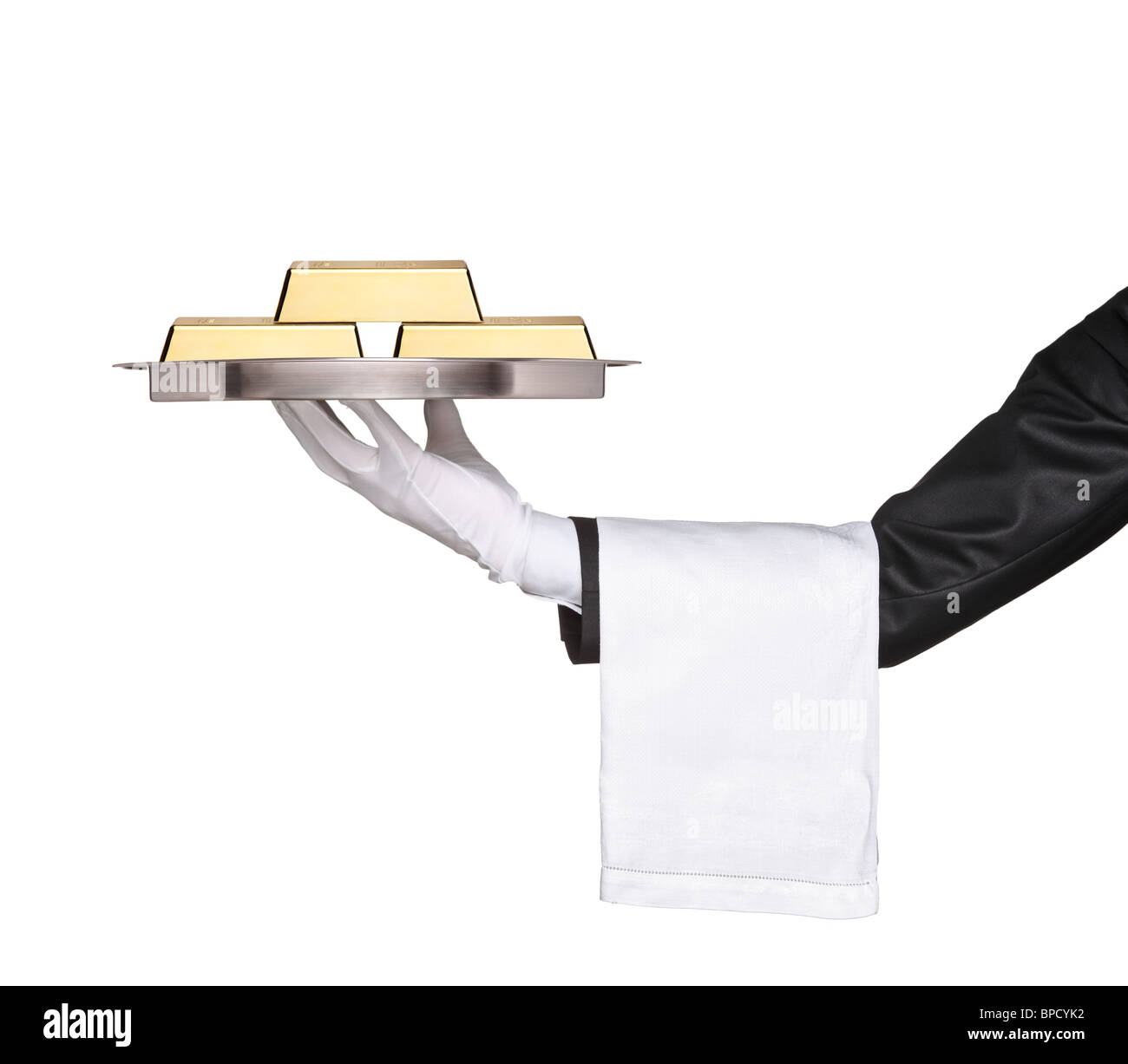 Ein Kellner ein Tablett mit Goldbarren festhalten Stockfoto