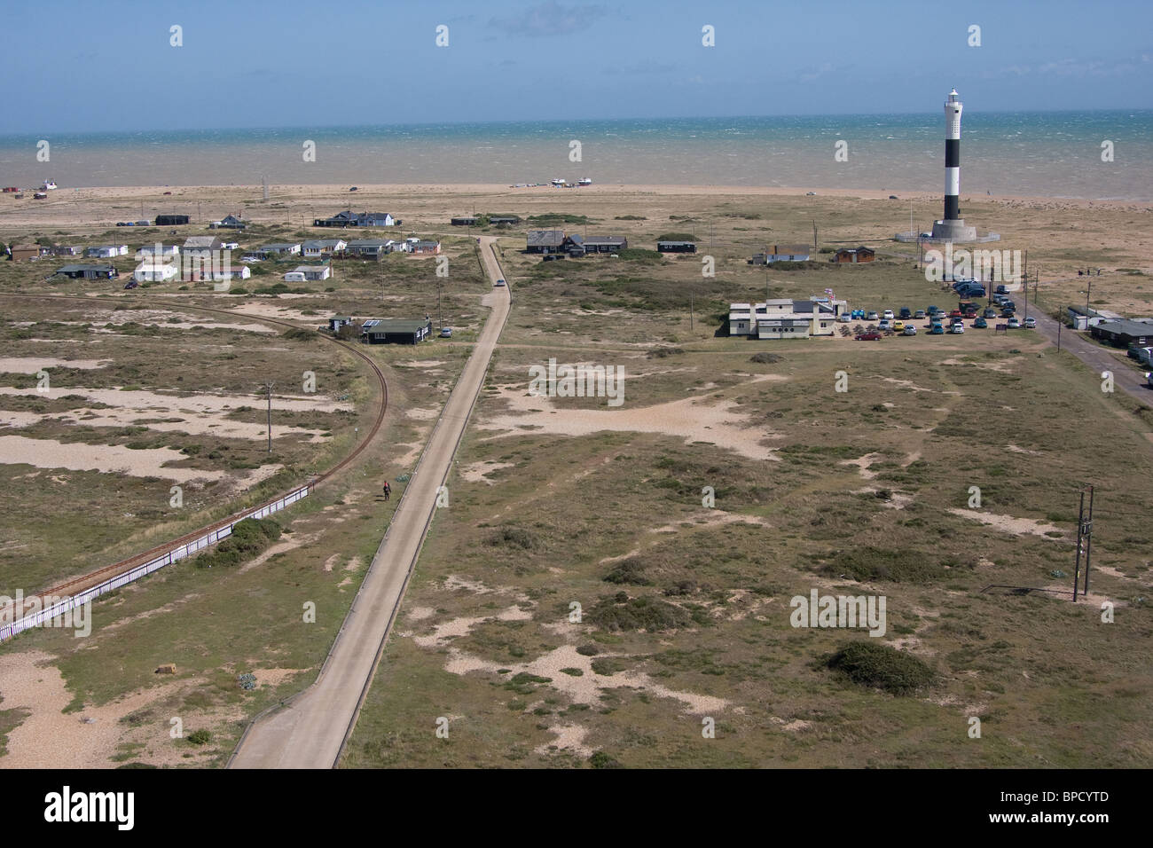 Luftbild Dungeness Strand Strauch Straßen Leuchtturm Stockfoto