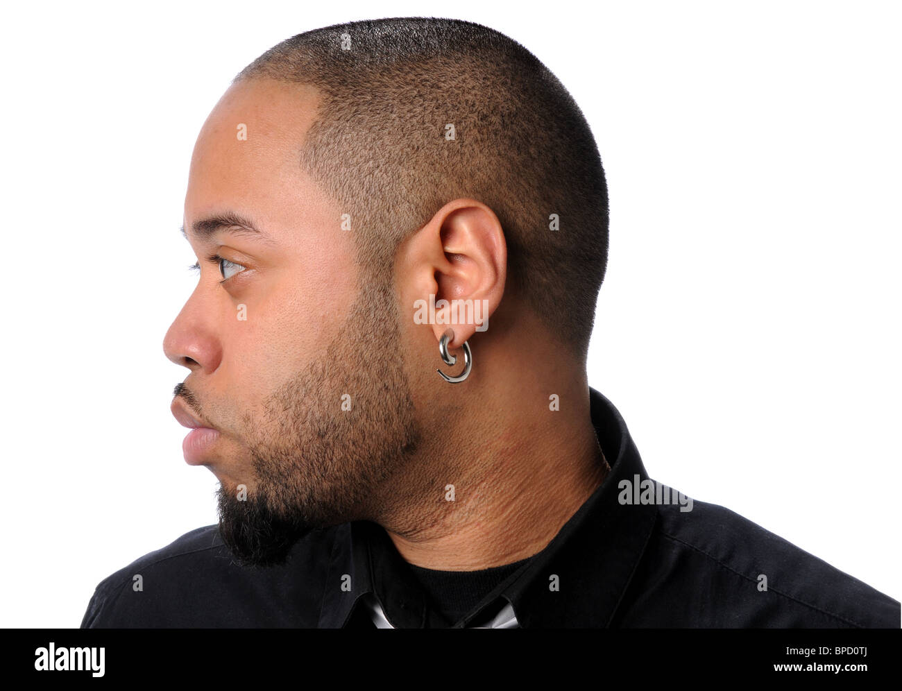 Profilbildnis des afroamerikanischen Menschen isoliert auf weißem Hintergrund Stockfoto