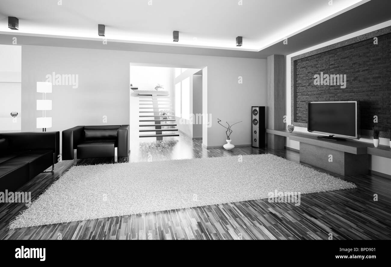 Schwarz weiß Wohnzimmer mit lcd innen 3d Rendern Stockfoto