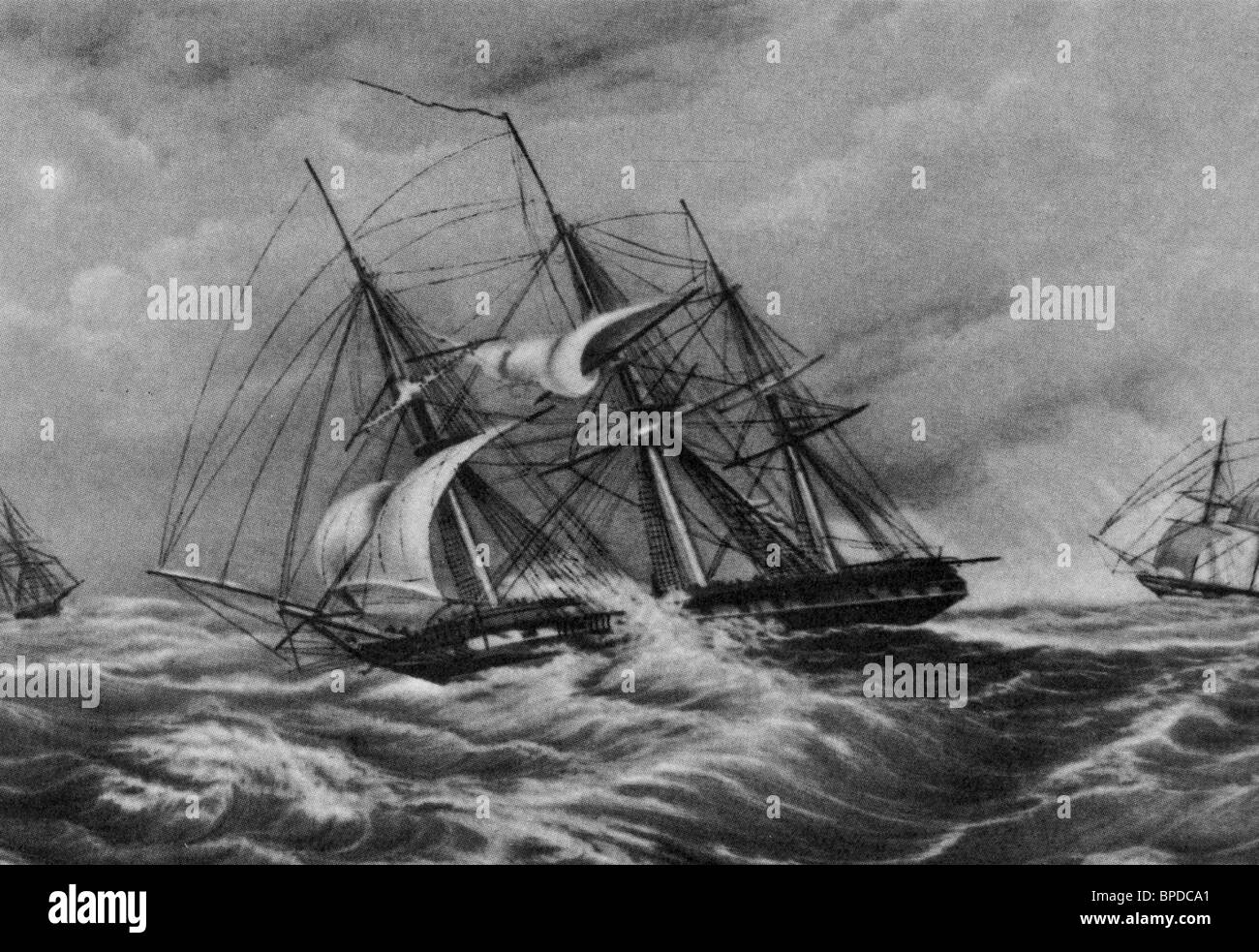 Russische Schiffe während der Welt-Tour 1822-1825-Periode. Gravur XIX Jahrhundert. Stockfoto