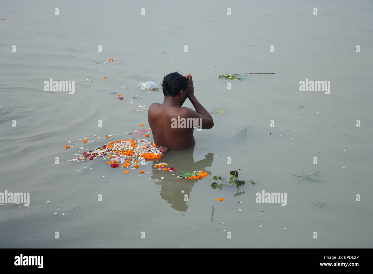 Eine religiöse Anbeter, Baden im Fluss Hoogly in einem Akt des Gebets, Kolkata (früher Kalkutta), Indien. Stockfoto