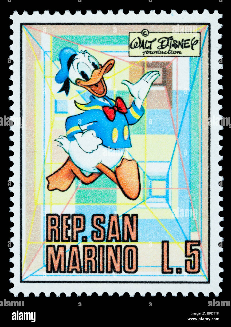 San Marino - CIRCA 1970: Eine Briefmarke gedruckt in San Marino zeigt die Disney-Figur Donald Duck, ca. 1970 Stockfoto