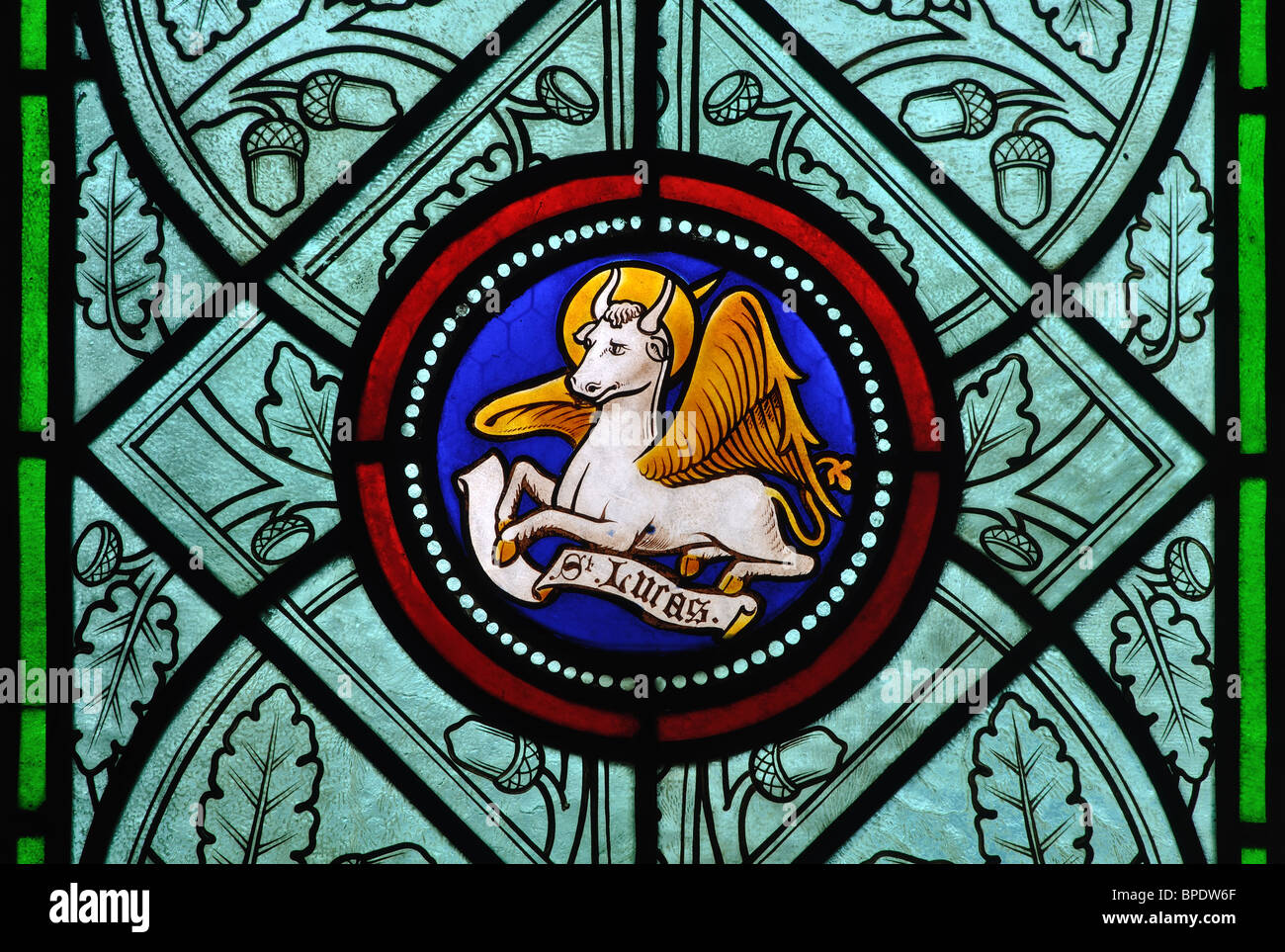 St. Luke Glasmalerei in St. Maria, der Jungfrau Maria Kirche, Badby, Northamptonshire, England, UK Stockfoto