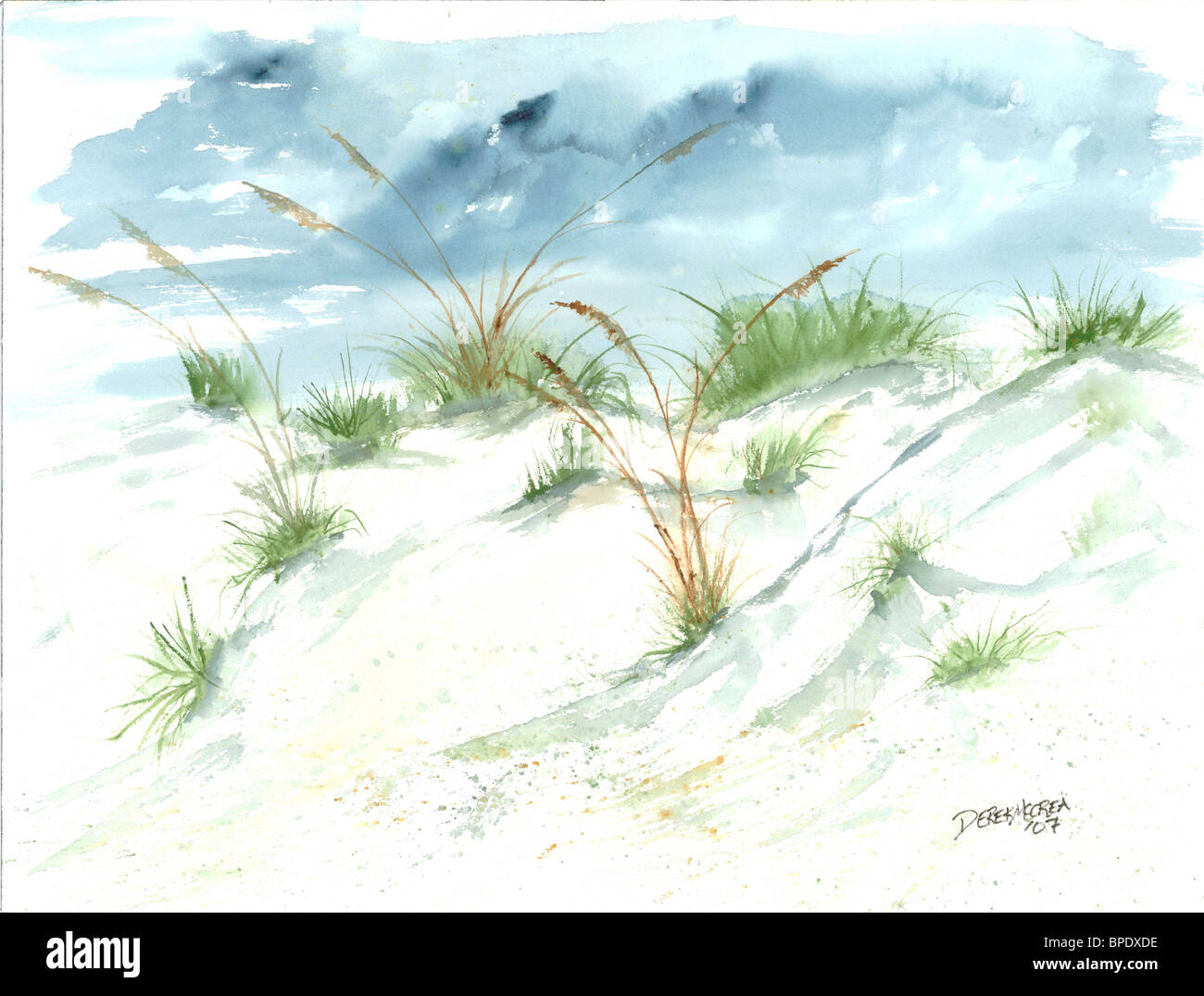 Sanddünen Strand moderne realistische Seelandschaft Küsten nautischen marine Sommer Aquarell Kunst Malerei Aquarell Urlaub Bilder Stockfoto
