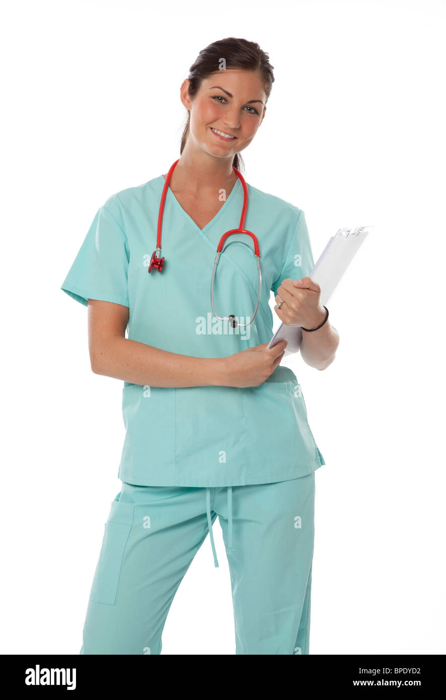 Studio Foto ziemlich Gesundheitswesen Arbeitnehmerin dressed in Scrubs auf weißem Hintergrund. Stockfoto
