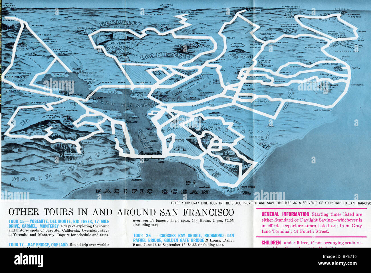 Alte Karte von Touren rund um San Francisco Stockfoto