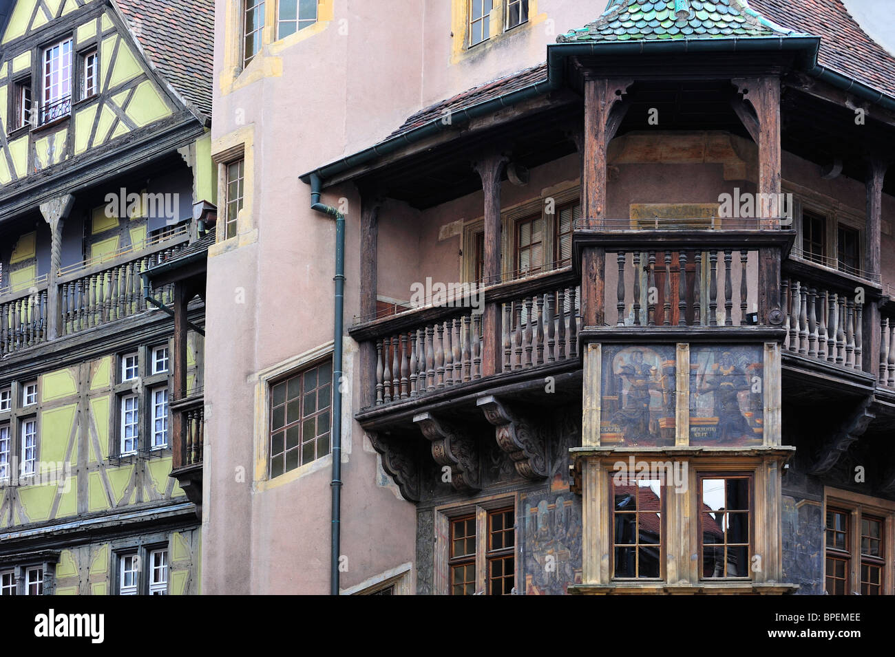 Balkon des Hauses Maison Pfister in Colmar, Elsass, Frankreich Stockfoto