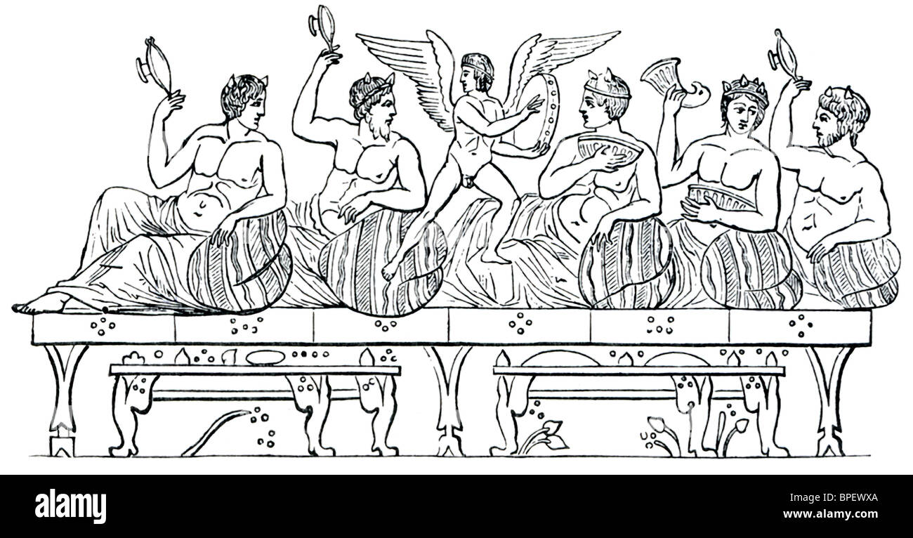 Römische Feiernden vor dem Trinken Partei haben kleine Hörner, erinnert an Satyrn, mythische Anhänger des Dionysos, der Gott des Weines. Stockfoto
