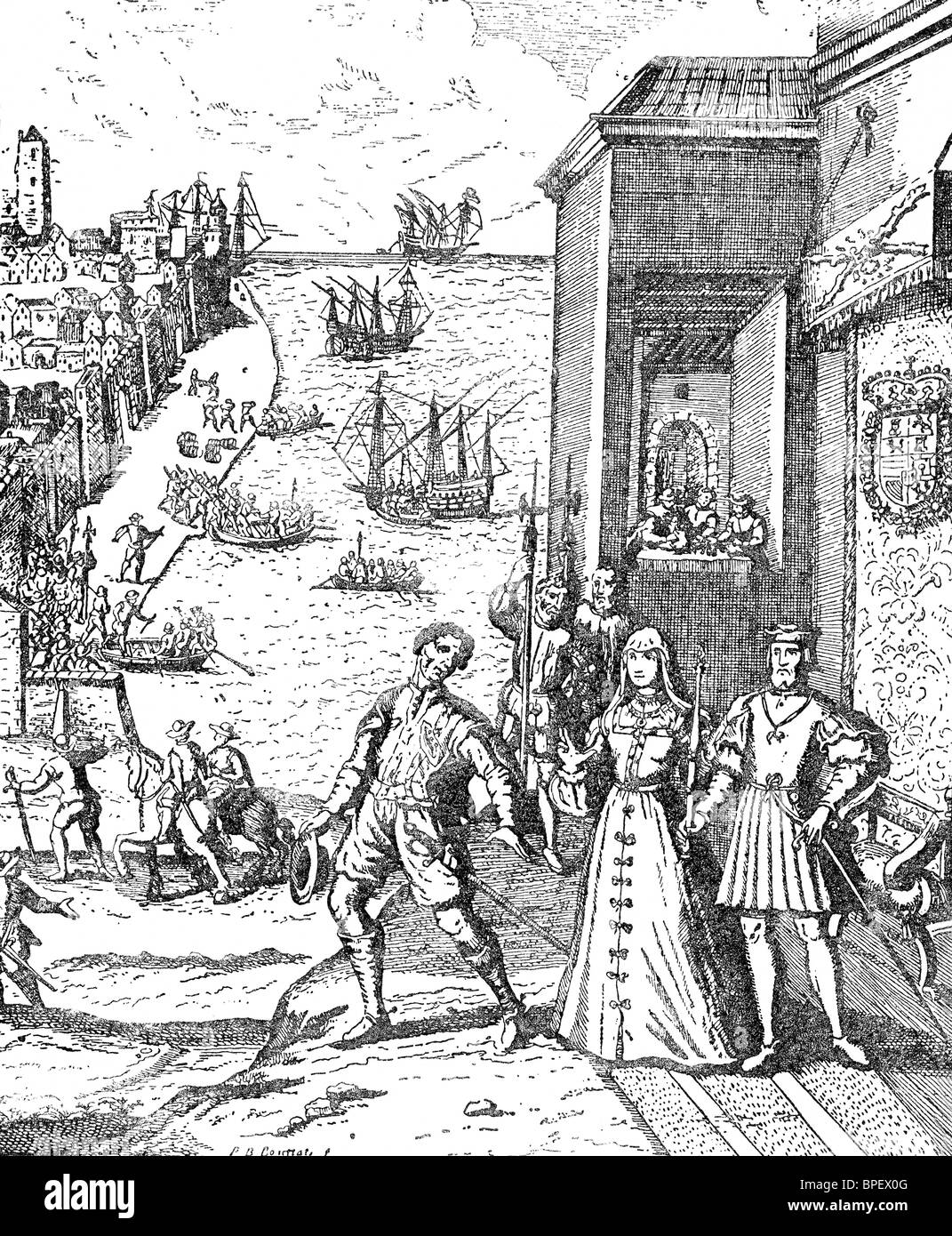 Christopher Columbus nimmt Abschied von König Ferdinand und Königin Isabella von Spanien am 3. August 1492. Stockfoto