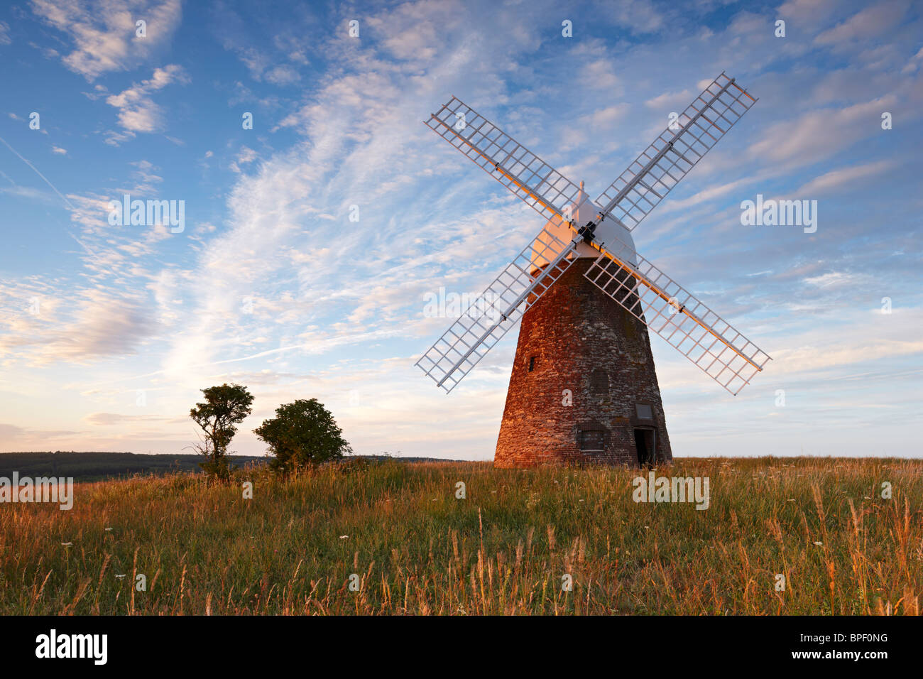 Halnaker Windmühle steht hoch oben auf den South Downs, umgeben von der wunderschönen Landschaft von Sussex an einem warmen Sommerabend. Stockfoto