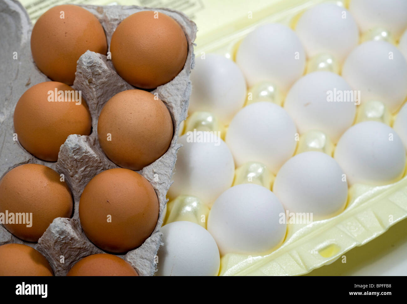 Weißen und braunen Eiern in Kartons. Stockfoto