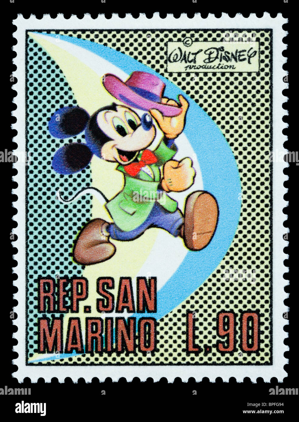 San Marino - CIRCA 1970: Eine Briefmarke gedruckt in San Marino zeigt die Disney-Figur Mickey Mouse, ca. 1970 Stockfoto