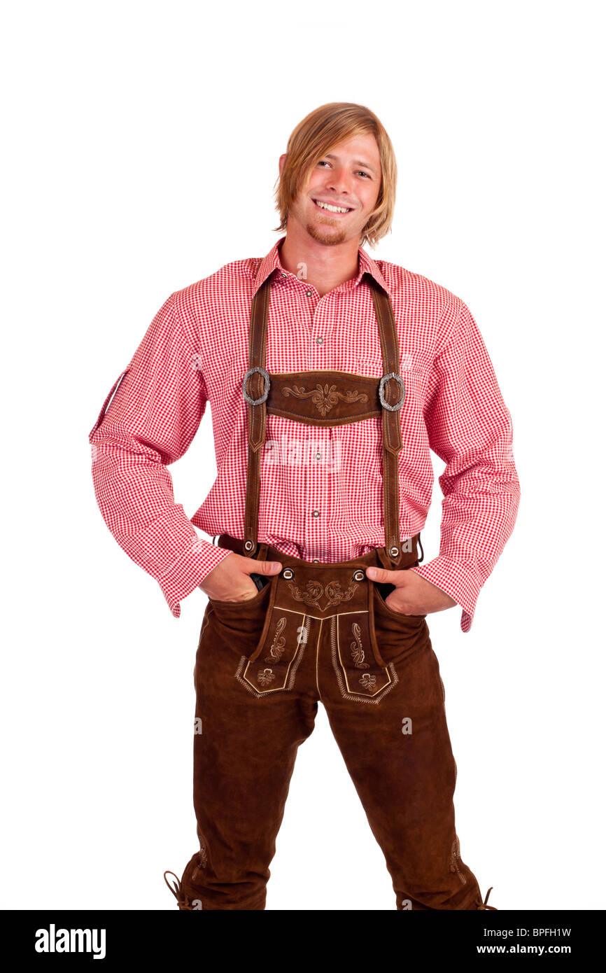 Lässige bayerische glücklich mit Oktoberfest Lederhosen (Lederhose) Stockfoto