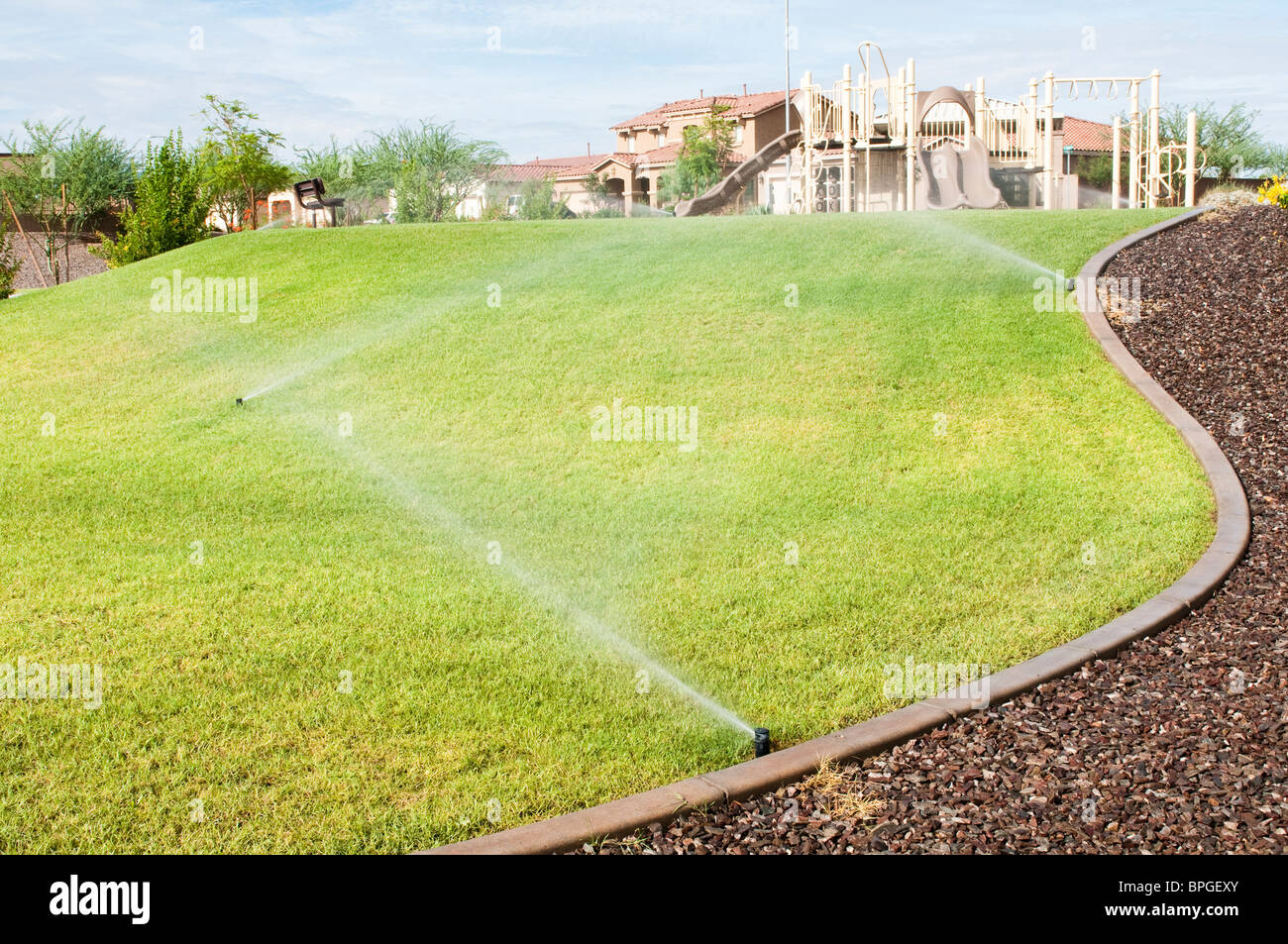 Eine automatische Bewässerungsanlage wird verwendet, um den Rasen in einem Stadtpark in Arizona zu Wasser. Stockfoto