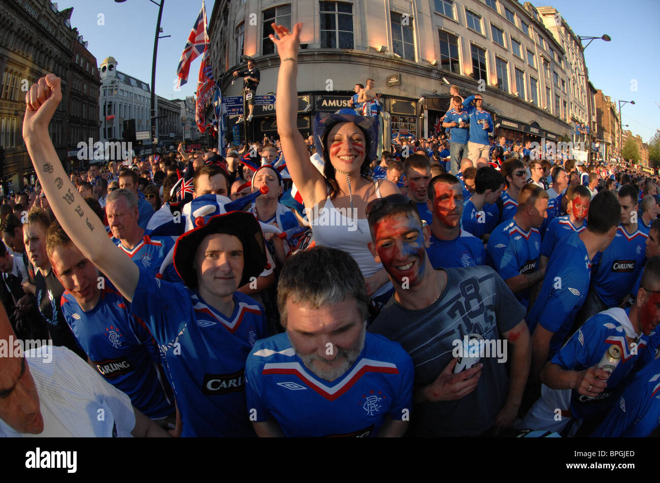 Rangers Fußball-Fans bei der UEFA-Cup-Finale 2008 in Manchester Stockfoto