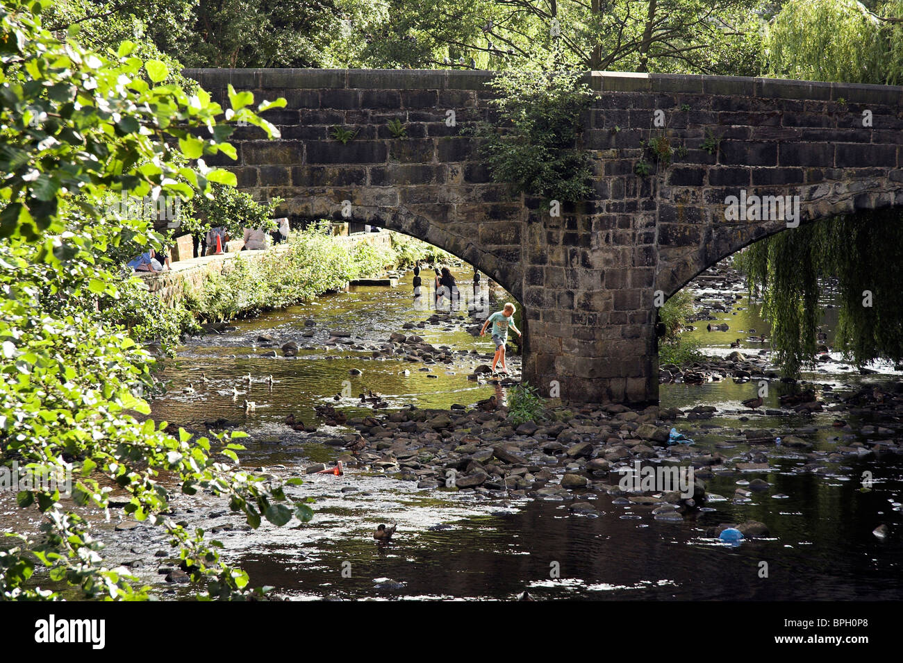 Alte steinerne Lastesel Brücke über den Fluss Hebden, Hebden Bridge, West Yorkshire, England, UK Stockfoto