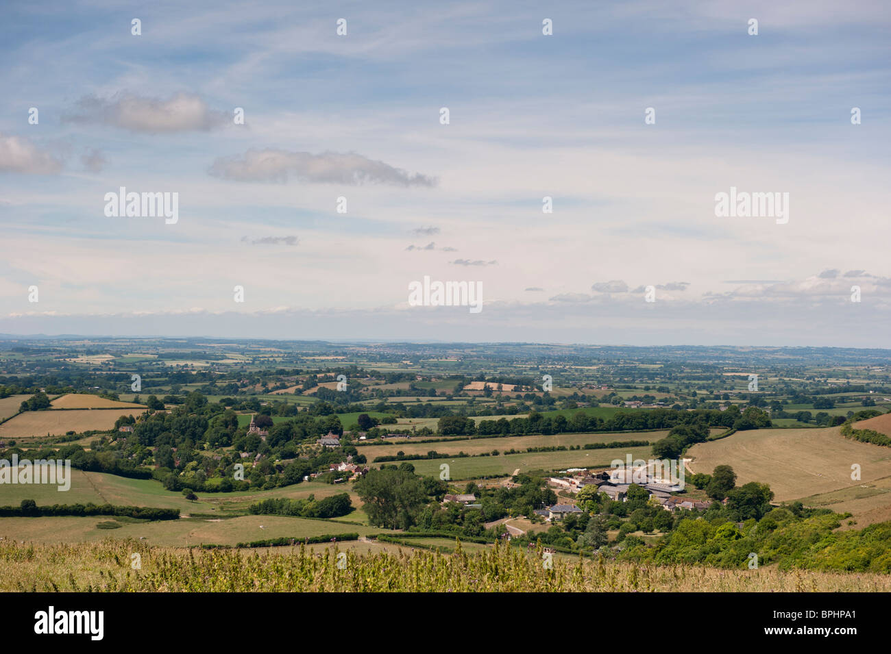 Blick vom Hügel, Spread Eagle Compton Abbas in Dorset, England. Stockfoto