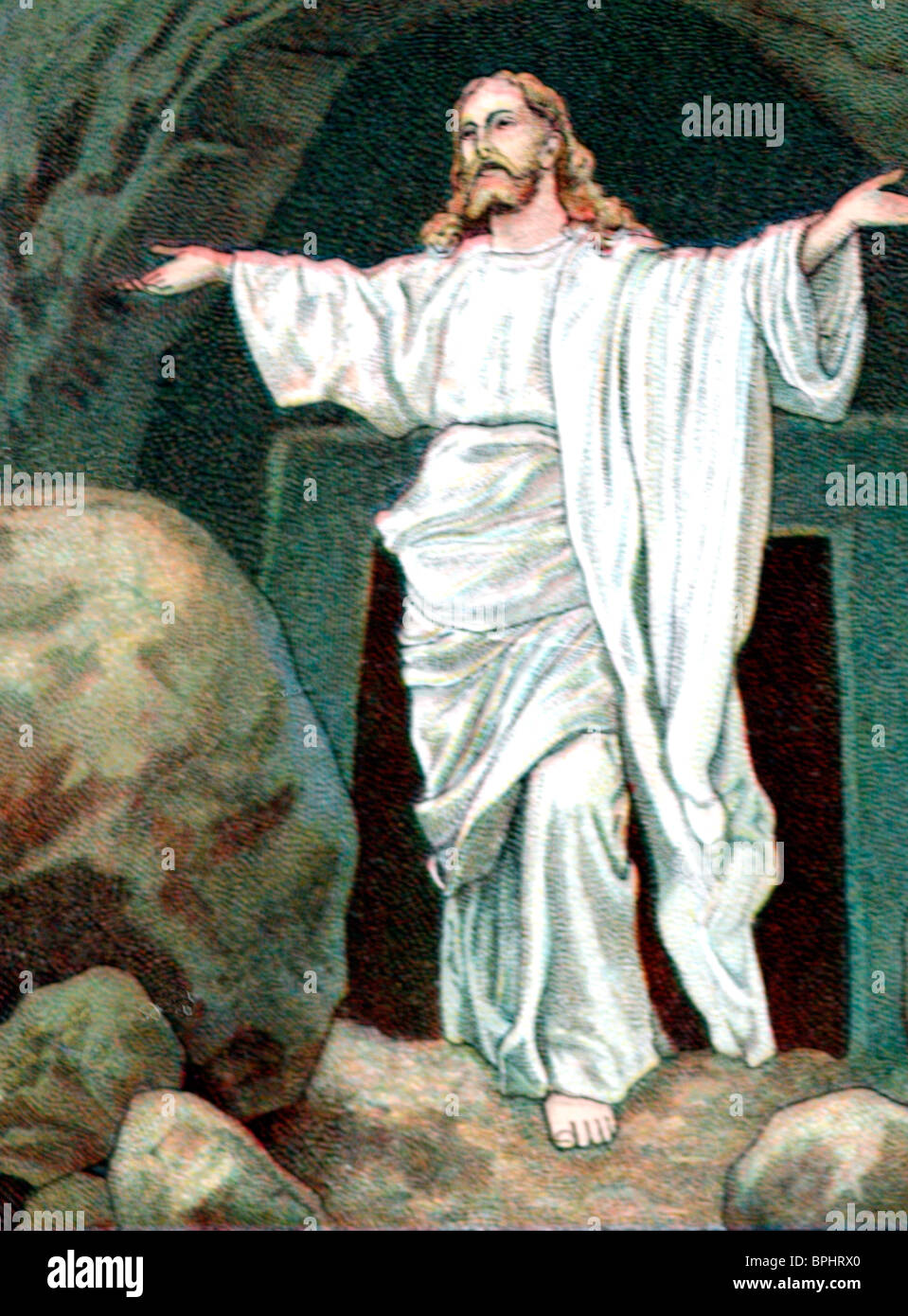 Die Auferstehung Jesu oder Anastasis, der christliche Glaube, dass Gott Jesus am dritten Tag nach seiner Kreuzigung auferweckt hat. Alter Sonntagsschulgarten von Jesus vor seinem Felsgrab. Stockfoto
