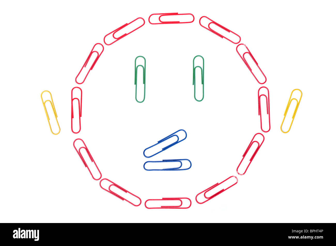 Büro-Emoticon - überrascht Gesicht bestehend aus Büroklammern. Stockfoto