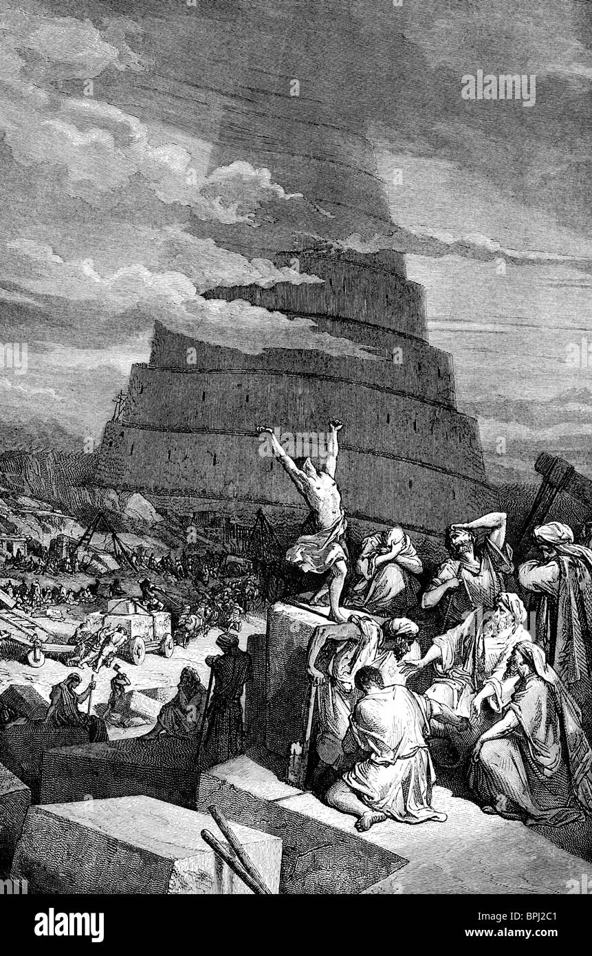 Gemäß der Bibel beschlossen in den Generationen nach der großen Flut, Leute, einen Turm zu bauen, die in den Himmel erreicht. Stockfoto