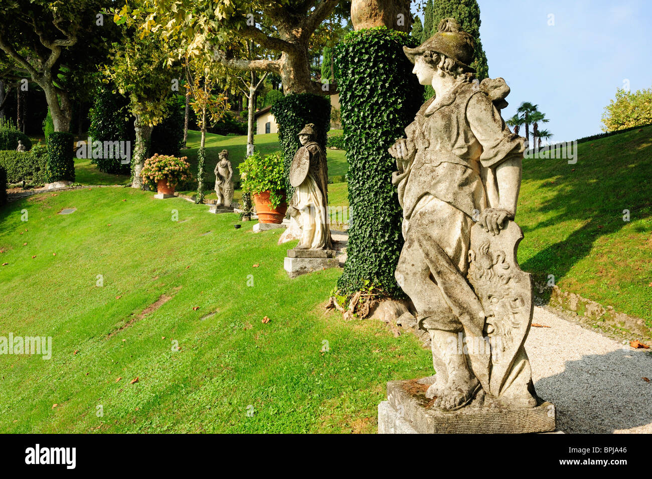 Skulpturen im Park der Villa del Balbianello, Lenno, Como, Lombardei, Italien Stockfoto
