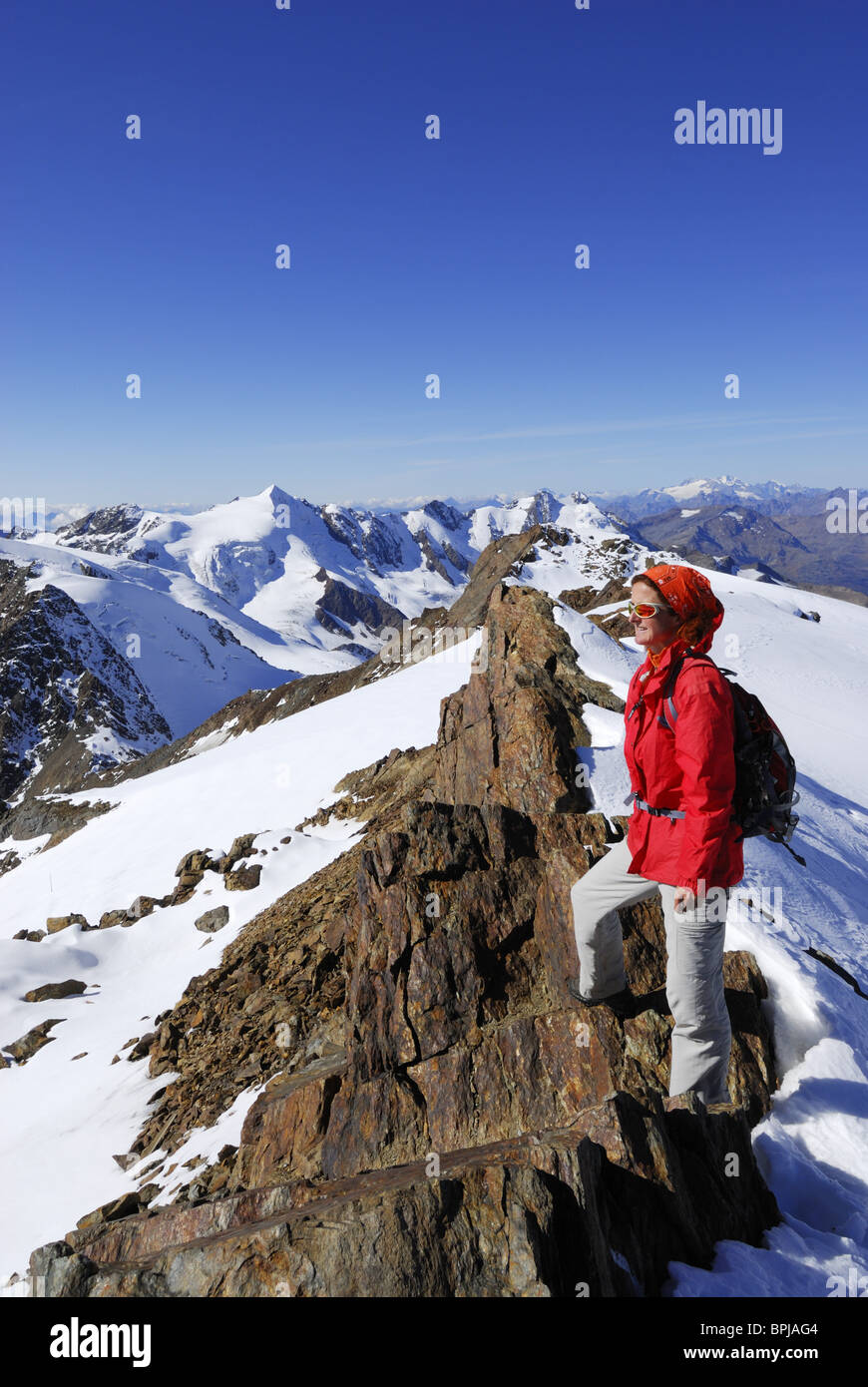 Frau genießen Aussicht vom Monte Vioz, Ortler Bereich, Trentino-Alto Adige/Südtirol, Italien Stockfoto