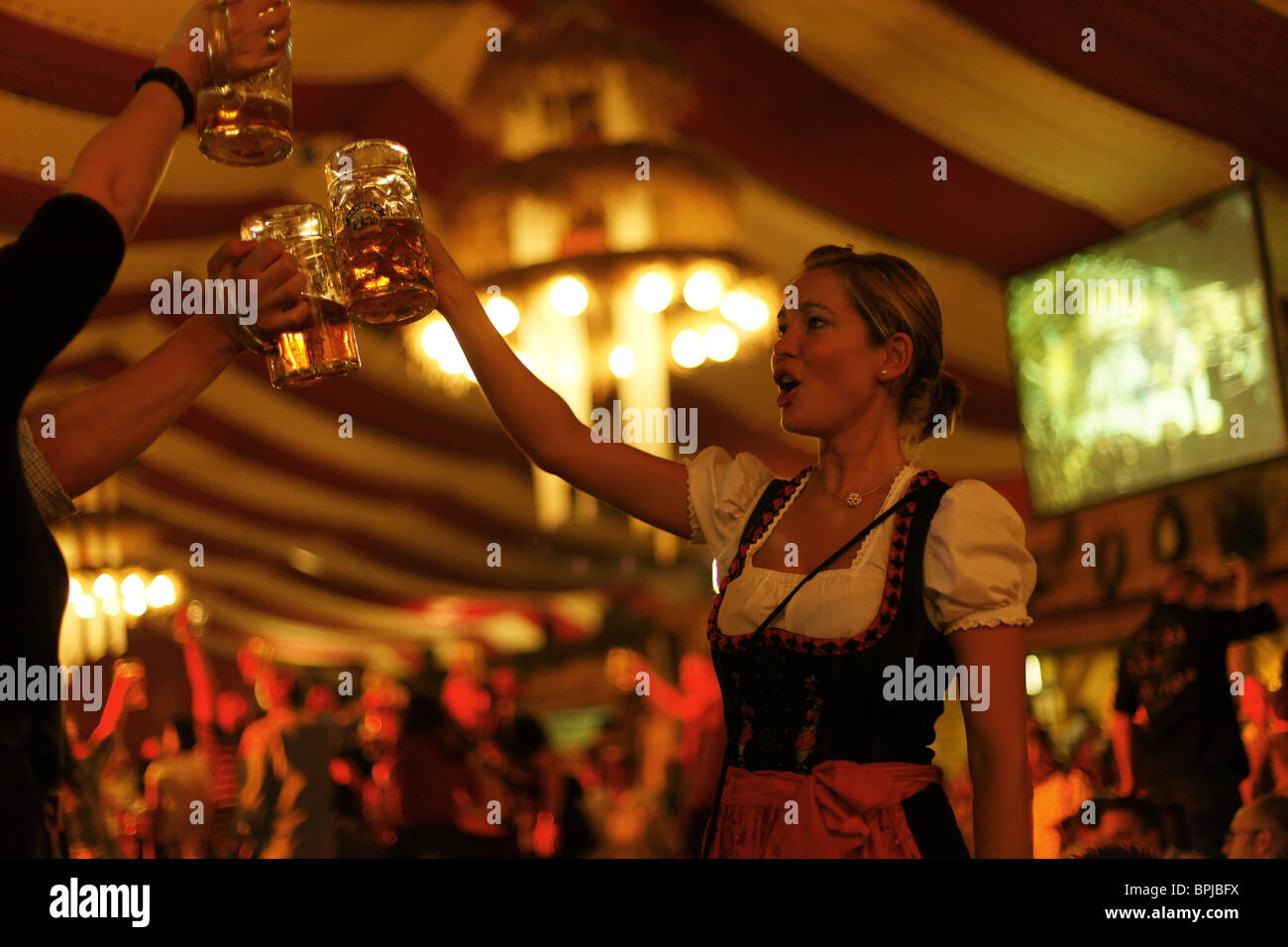 In einem Bierzelt, Cannstatter Volksfest, Stuttgart, Baden-Württemberg, Deutschland Stockfoto