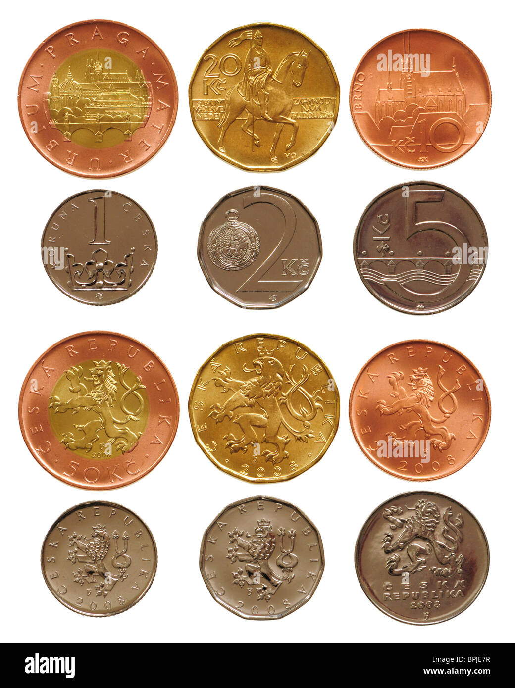 Tschechische Münzen von 1 bis 50 Kc (Kronen) derzeit gültige Währung in der Tschechischen Republik Stockfoto