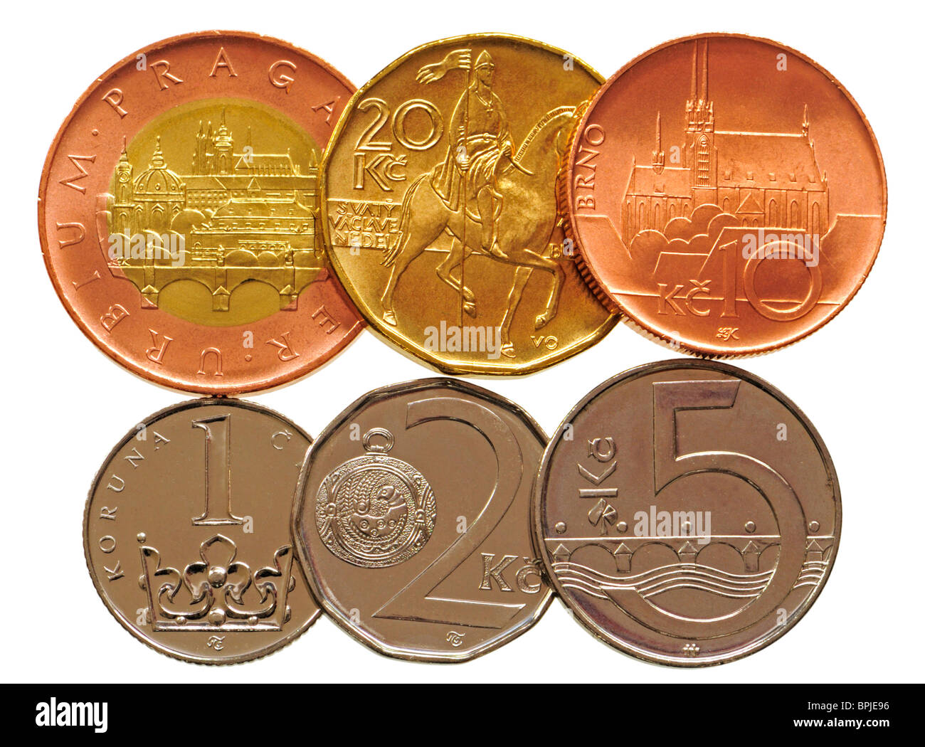 Tschechische Münzen von 1 bis 50 Kc (Kronen) derzeit gültige Währung in der Tschechischen Republik Stockfoto