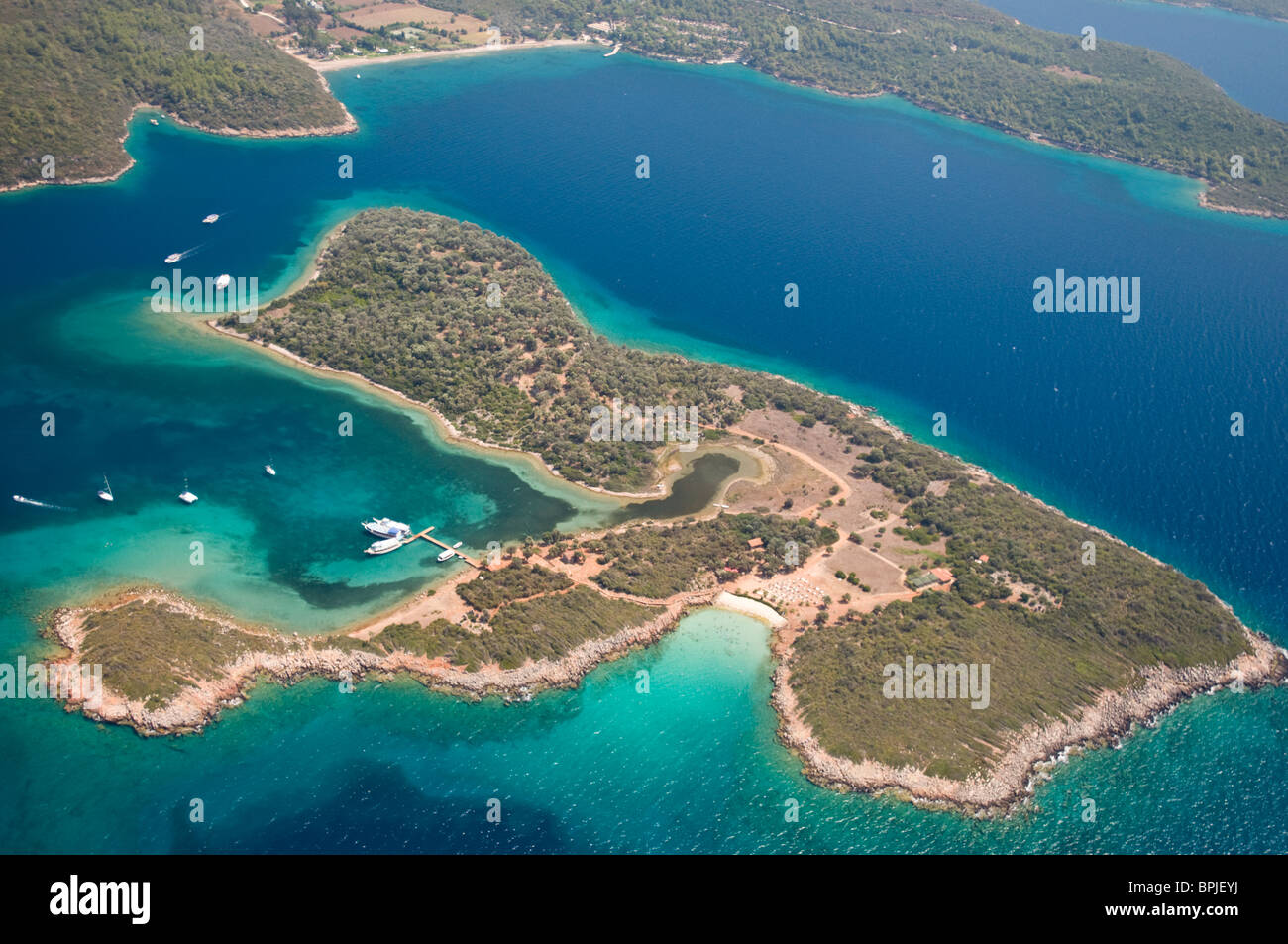 Luftaufnahme des Cedar Kleopatra Insel Gökova-Türkei Stockfoto