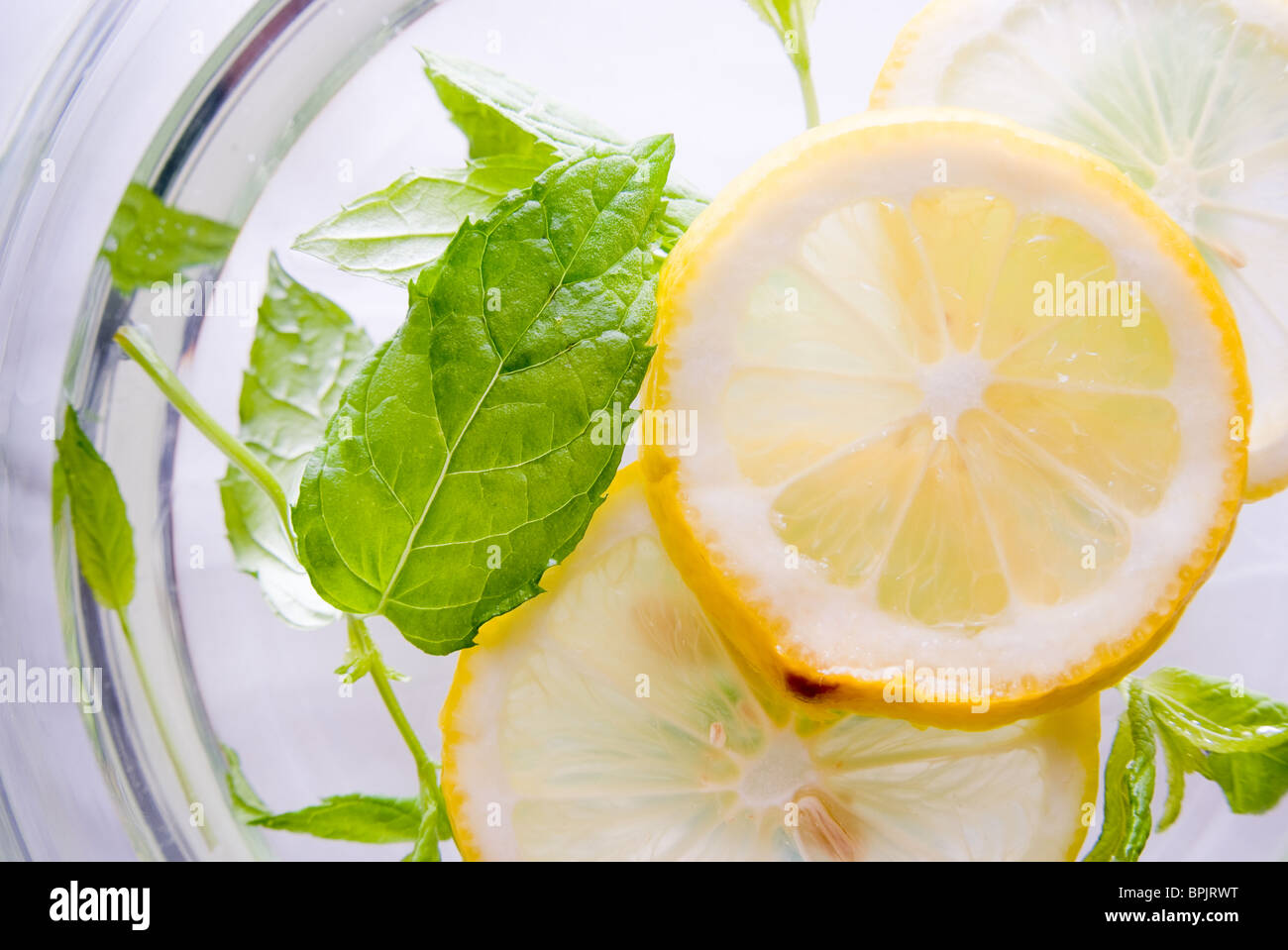 Zitrone und Minze in eine Glasschüssel mit Wasser schweben Stockfoto