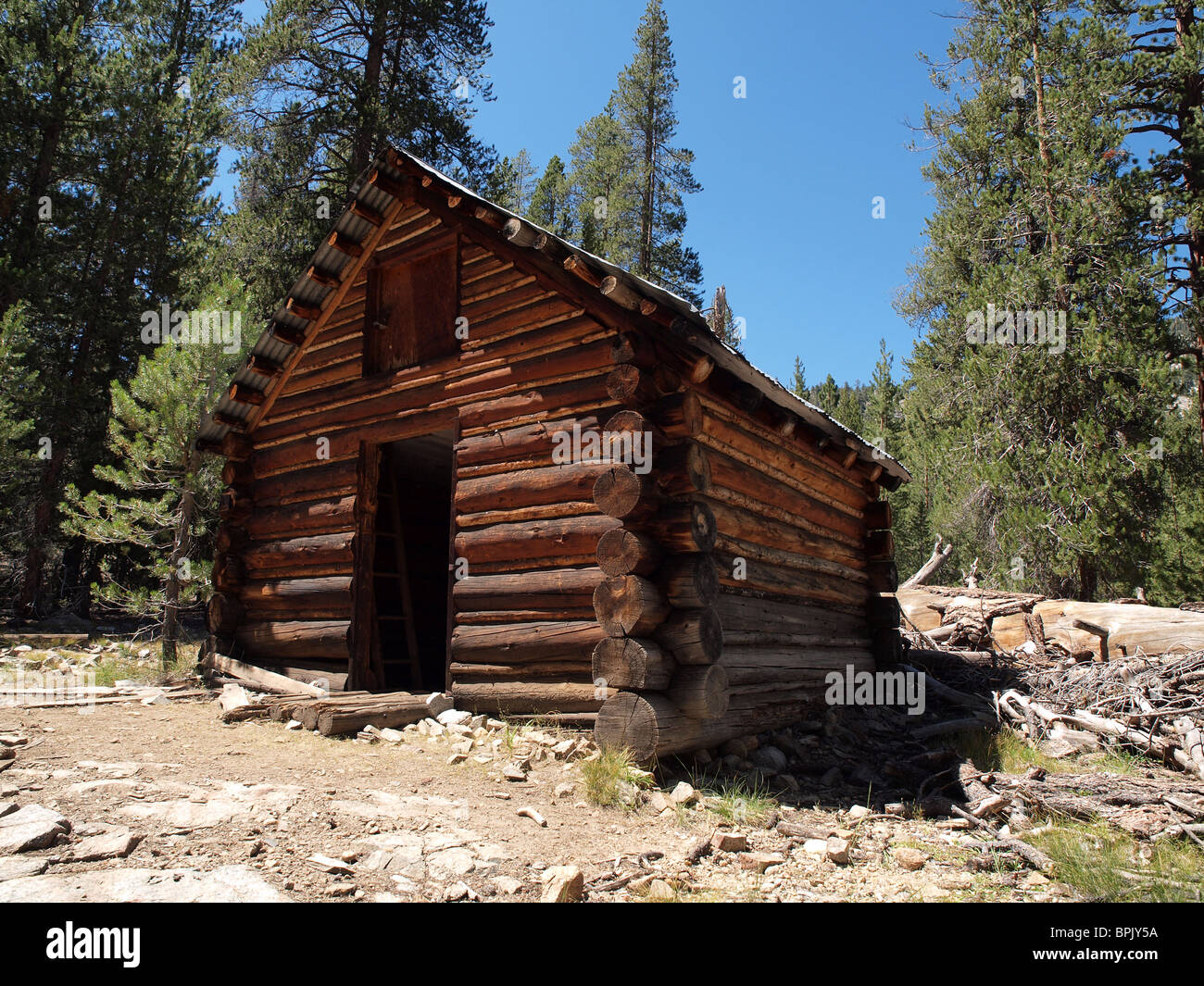 Historischen Blockhaus befindet sich tief im Inneren ein Kalifornien Sierra Nevada National Park. Stockfoto