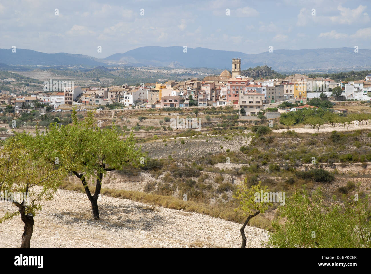 Mandel Obstgarten und Blick auf Tibi, Provinz Alicante, Comunidad Valencia, Spanien Stockfoto