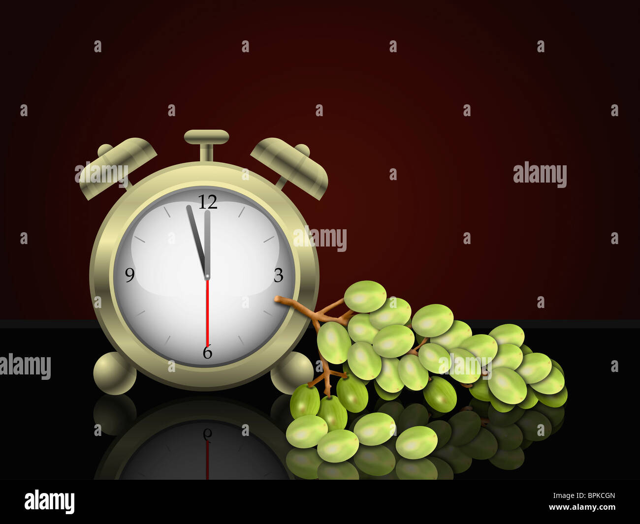 Die Uhr zeigt 12 Stunden, wenn die Trauben Glück gegessen, Tradition der zum Ende des Jahres und die Art und Weise, um das Neue Jahr zu gratulieren Stockfoto