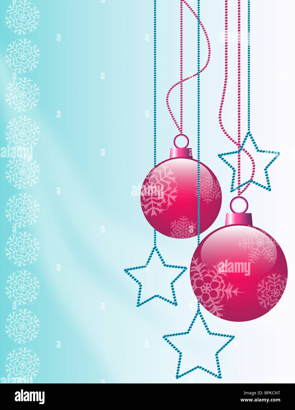 3d digital computer Abbildung der typischen roten Kugeln für Weihnachten Ornament und blaue Sterne auf einem unscharfen Hintergrund mit dem weißen Schnee Symbol Stockfoto