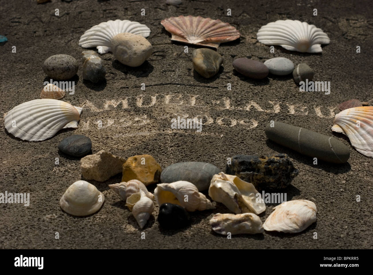 Muscheln auf einem Grabstein auf dem Friedhof Montparnasse Stockfoto