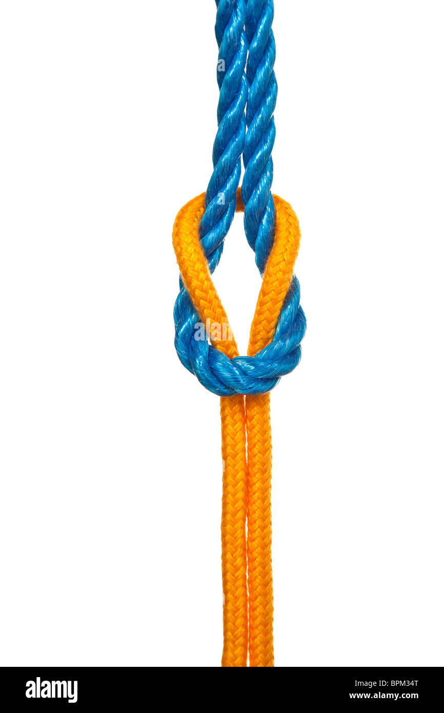 Zwei verschiedene Seile gebunden zusammen mit einem Kreuzknoten oder Kreuzknoten - auf einem weißen Hintergrund Stockfoto