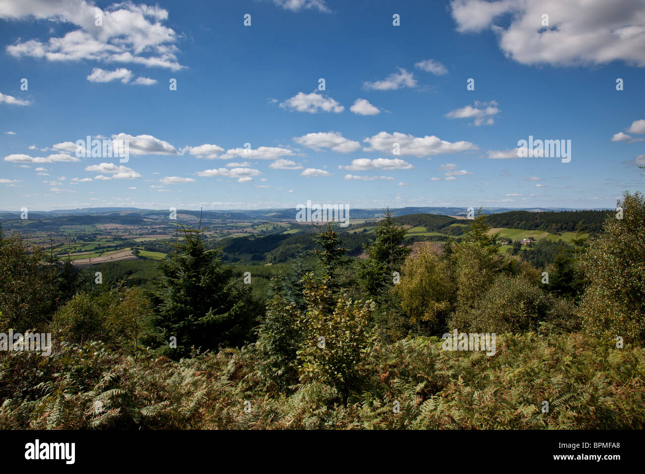 Blick über Mid-Wales gesehen vom Gipfel des hohen Vinnals im Mortimer Wald in der Nähe von Ludlow, Shropshire Stockfoto