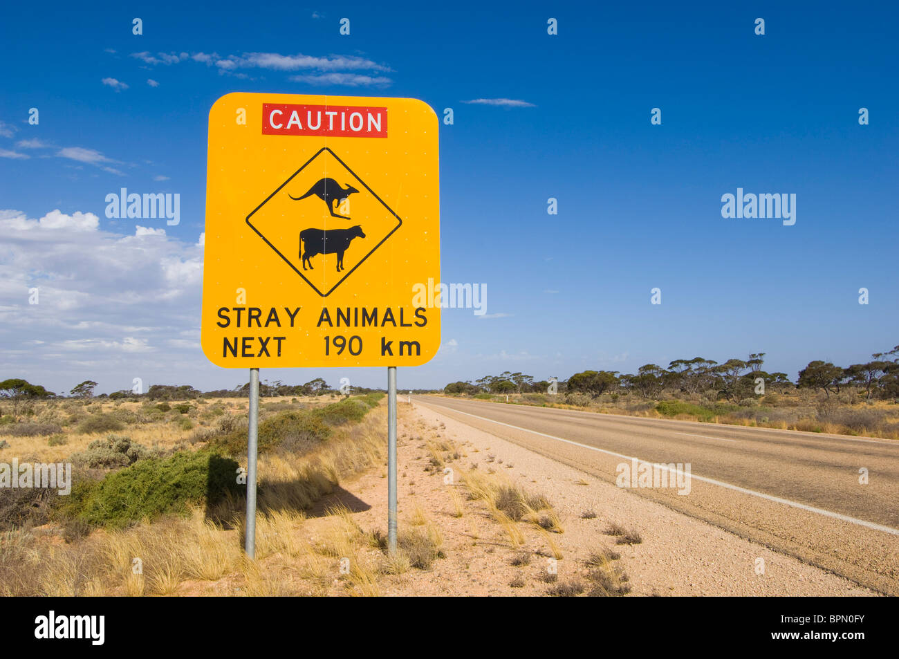 Warnschild am Eyre Highway über die Nullarbor-Ebene, Western Australia. Stockfoto