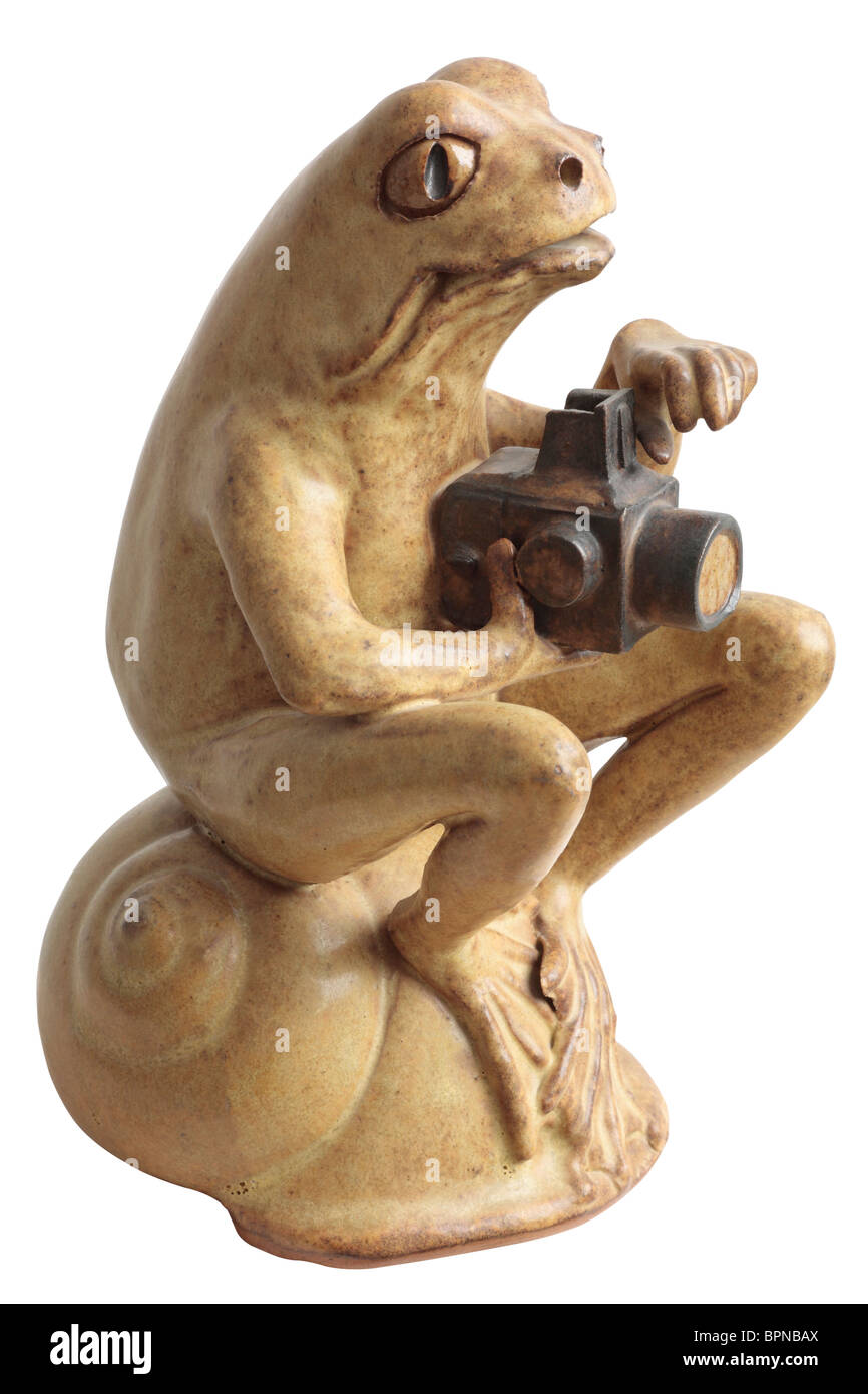 Keramik Frosch Fotograf fotografiere mit einer Hasselblad-Kamera Stockfoto