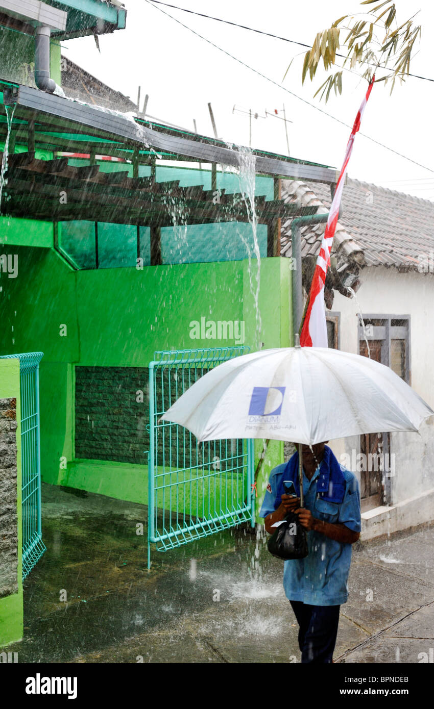 Mann mit Regenschirm und Handy-zu Fuß durch Dorf in tropischen Regenguss Stockfoto