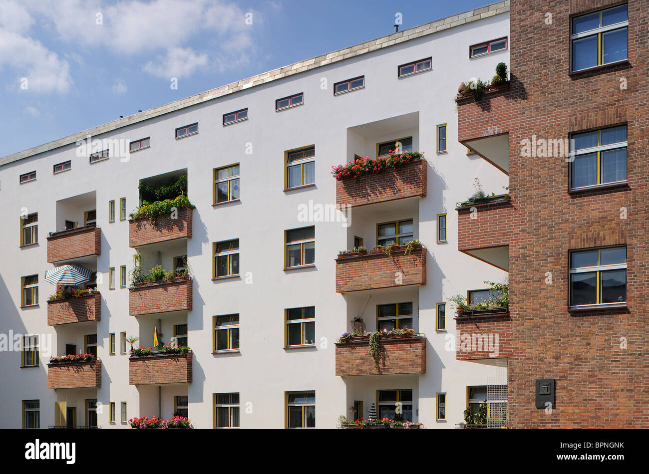 Schoenlanker Strasse Berlin Modernism Housing Estate, Ernst-Fürstenberg-Straße, Prenzlauer Berg, Pankow, Berlin, Deutschland. Stockfoto