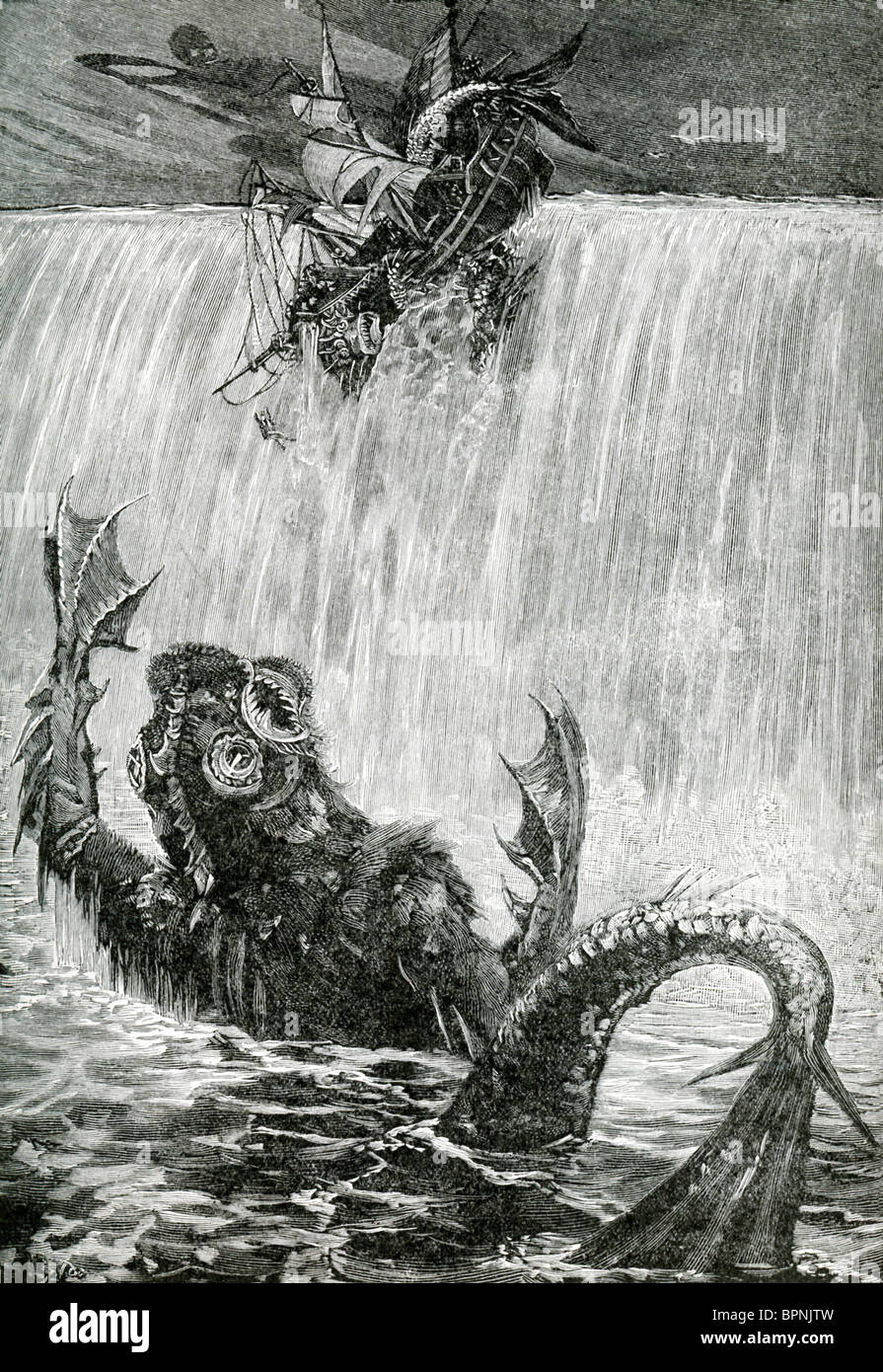 Eine schreckliche Kreatur geht, greifen mit ihren Schwimmhäuten Arme/ein Schiff Hände, die umfallen, was zu einem Wasserfall zu sein scheint. Stockfoto