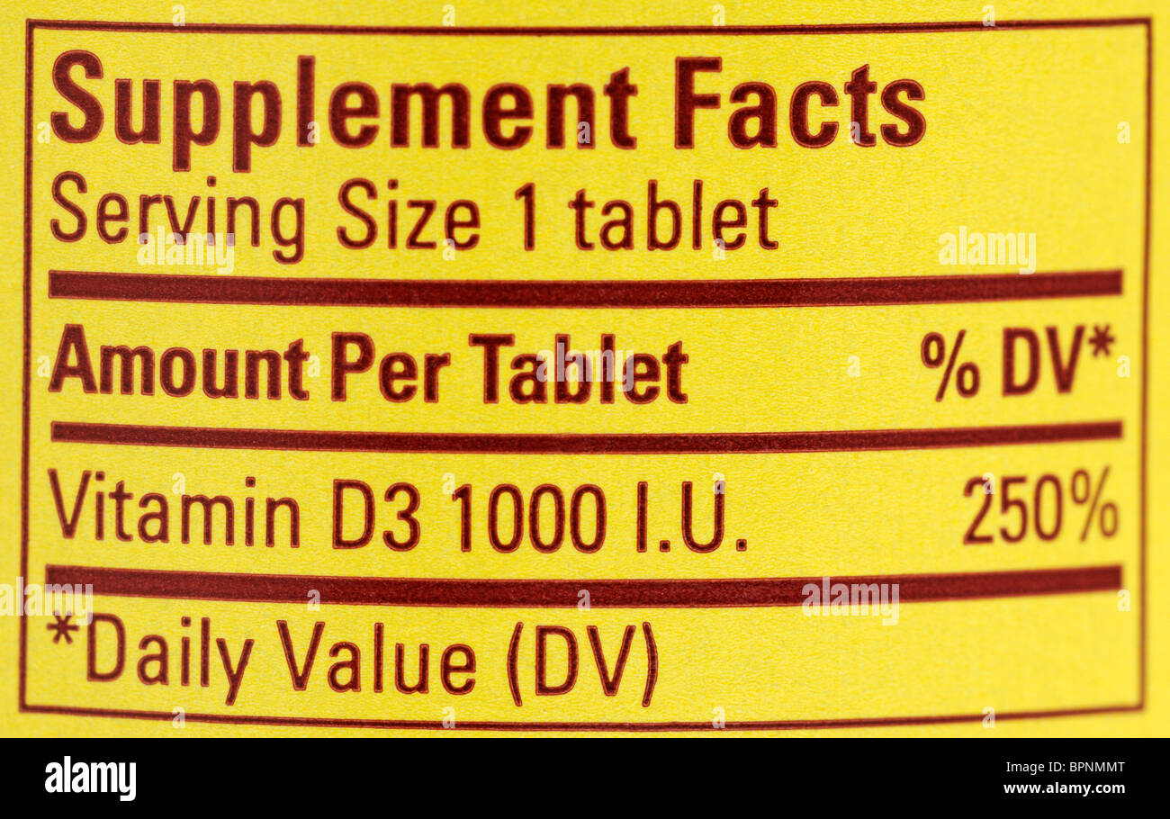Fakten aus der Flasche von Vitamin D (D3) Ergänzungen zu ergänzen Stockfoto