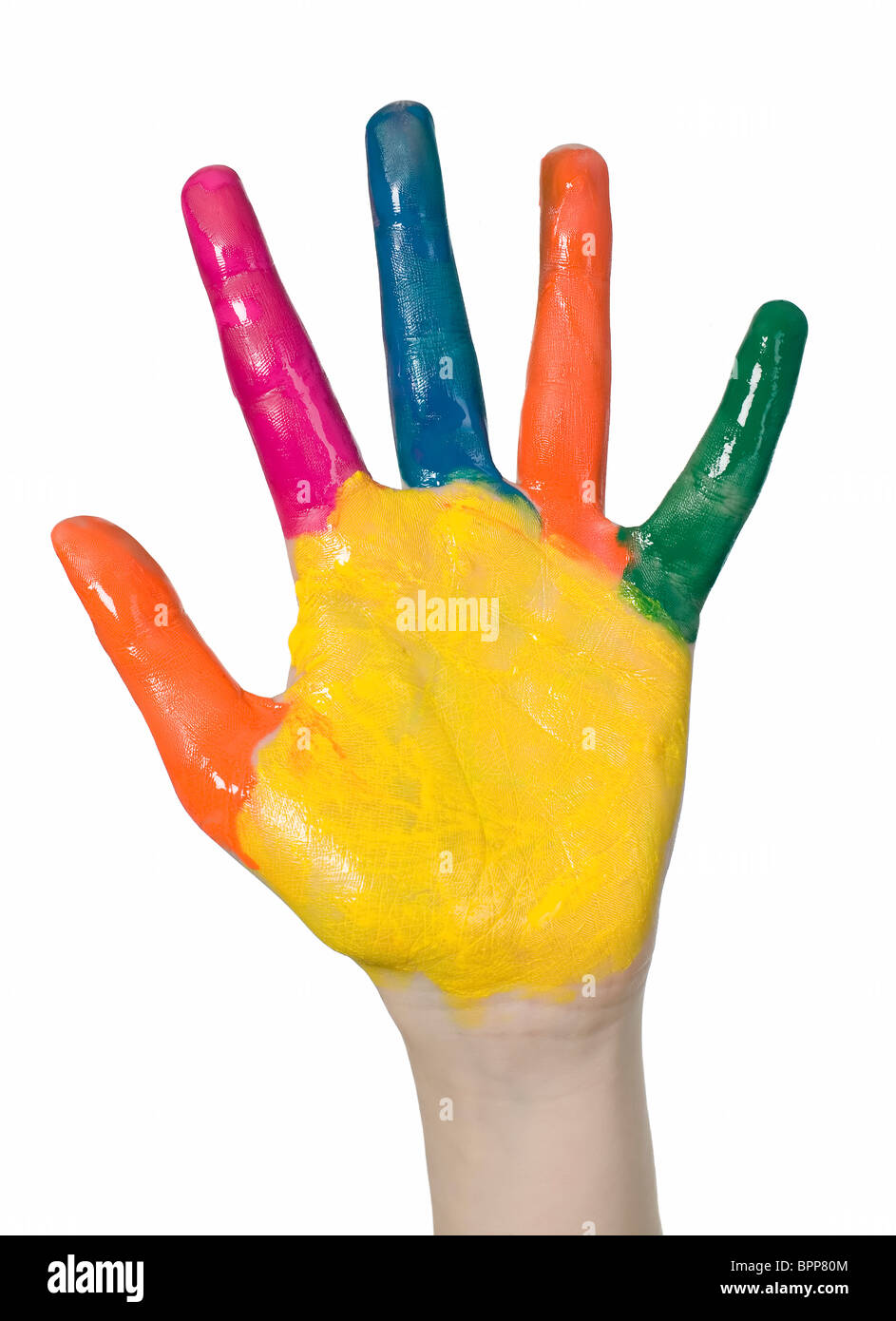 Kinderhand ist mit verschiedenen Farben bemalt. Stockfoto