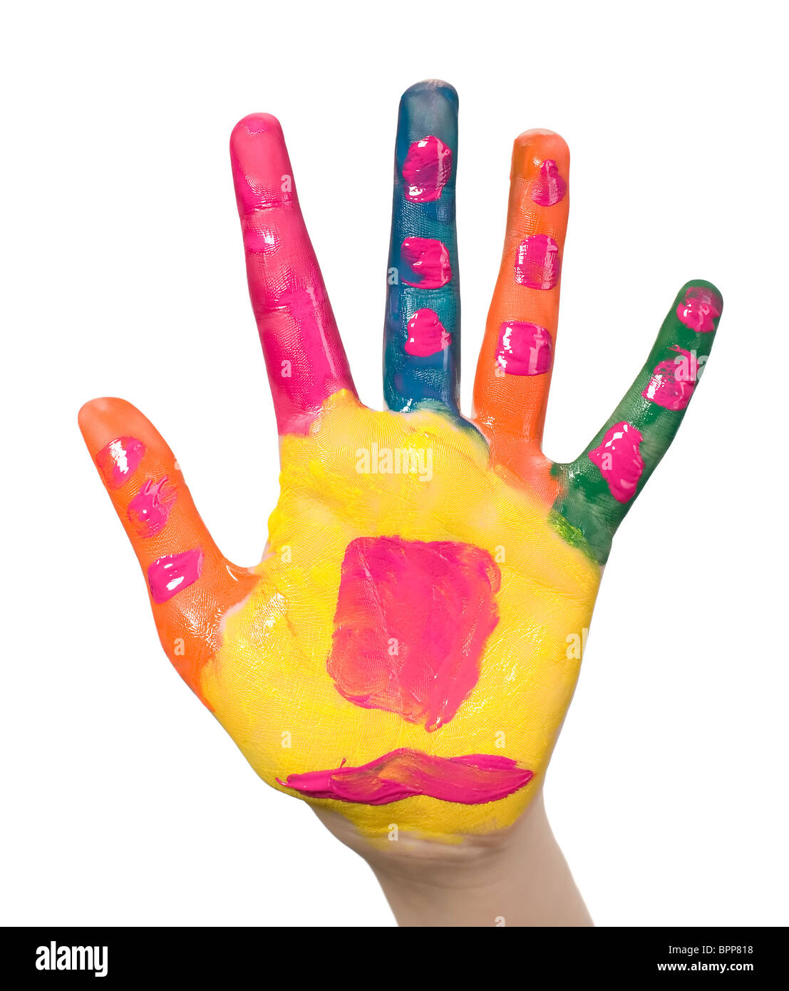 Kinderhand ist mit verschiedenen Farben bemalt. Stockfoto