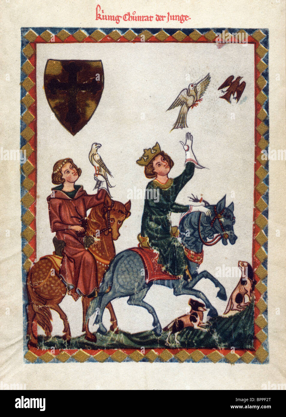Beleuchtung aus dem 14. Jahrhundert Codex Manesse; Conradin der jüngere mit Fredric der Hawking-Baden Stockfoto