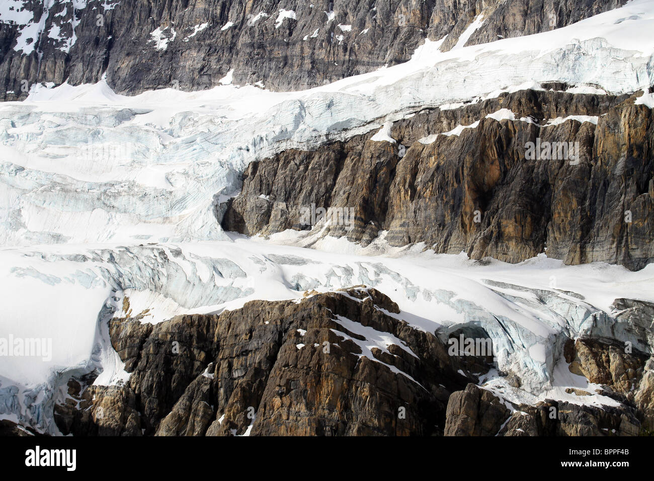 Gletscher, Columbia Eisfeldern in Jasper Nationalpark, Alberta, Kanada. Eis und Schnee auf felsigen Berg Simsen. Stockfoto
